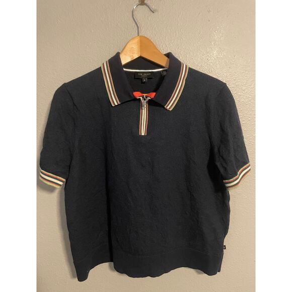 Ted Baker Shirt Womens 6 Navy Pierrot 100% Wool Half Zip Polo Short Sleeve - Picture 1 of 8
